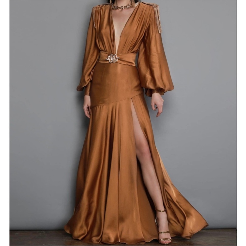 Bronx and Banco Brown Plunge Neck Bishop Sleeve Gown